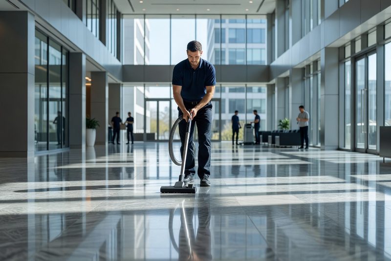 Crew member vacuuming the floor of a commercial building