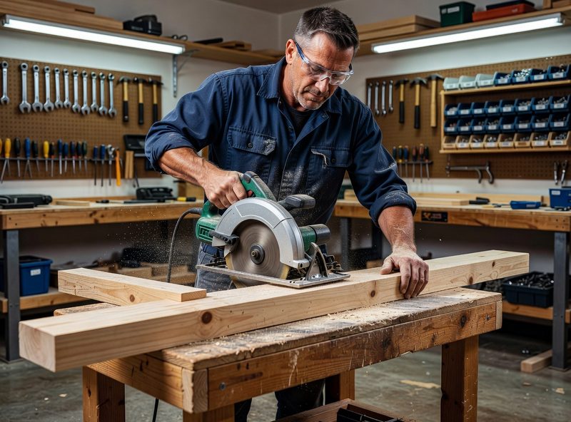 Handyman cutting a board with a power saw during a repair job