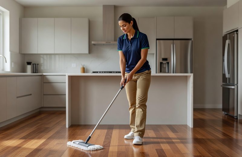 Professional cleaner mopping a bright kitchen floor