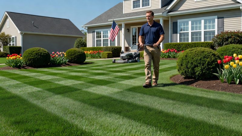 Freshly mowed lawn with trimmed landscaping beds